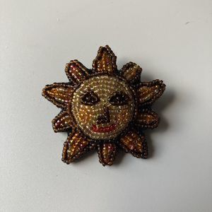 Vintage Beaded Happy Sun Face Brooch Pin 90s Celestial Mystic Seed Beads Vtg